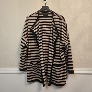 Land's End Open Front Cardigan Sweater Black Beige‎ Stripe Lapel Pockets Size 2X
